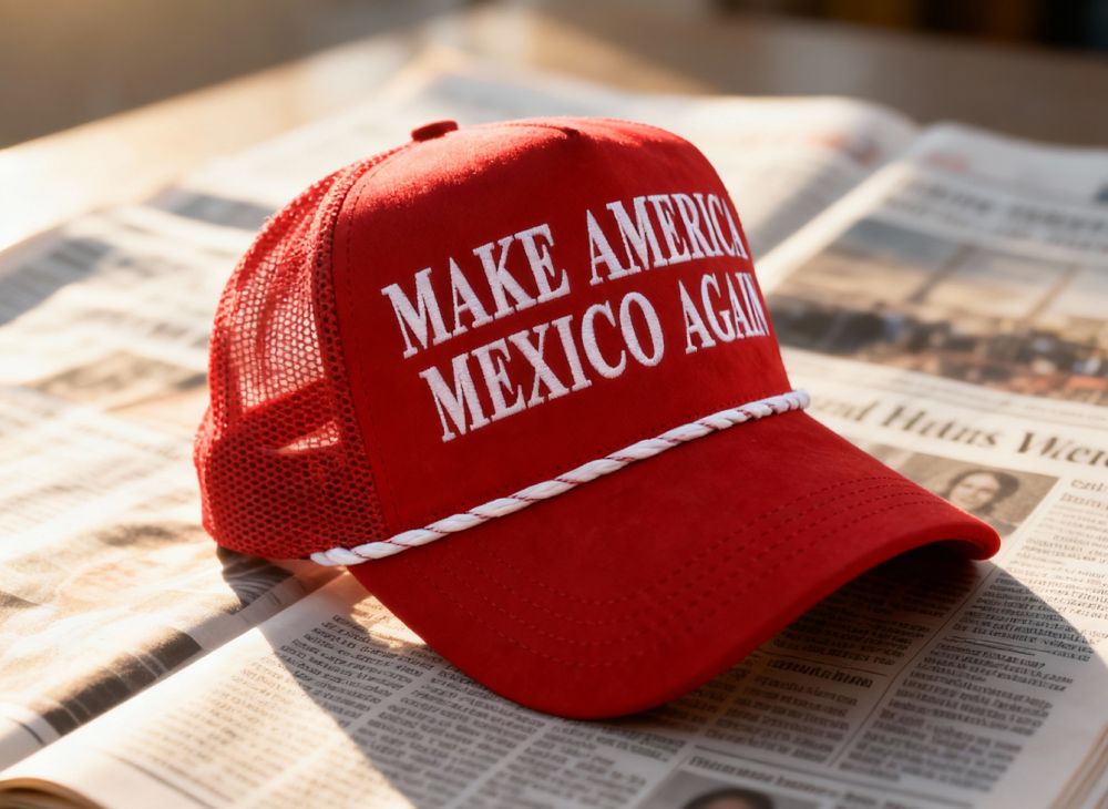 Red cap with 'MAKE AMERICA MEXICO AGAIN' text on a newspaper background